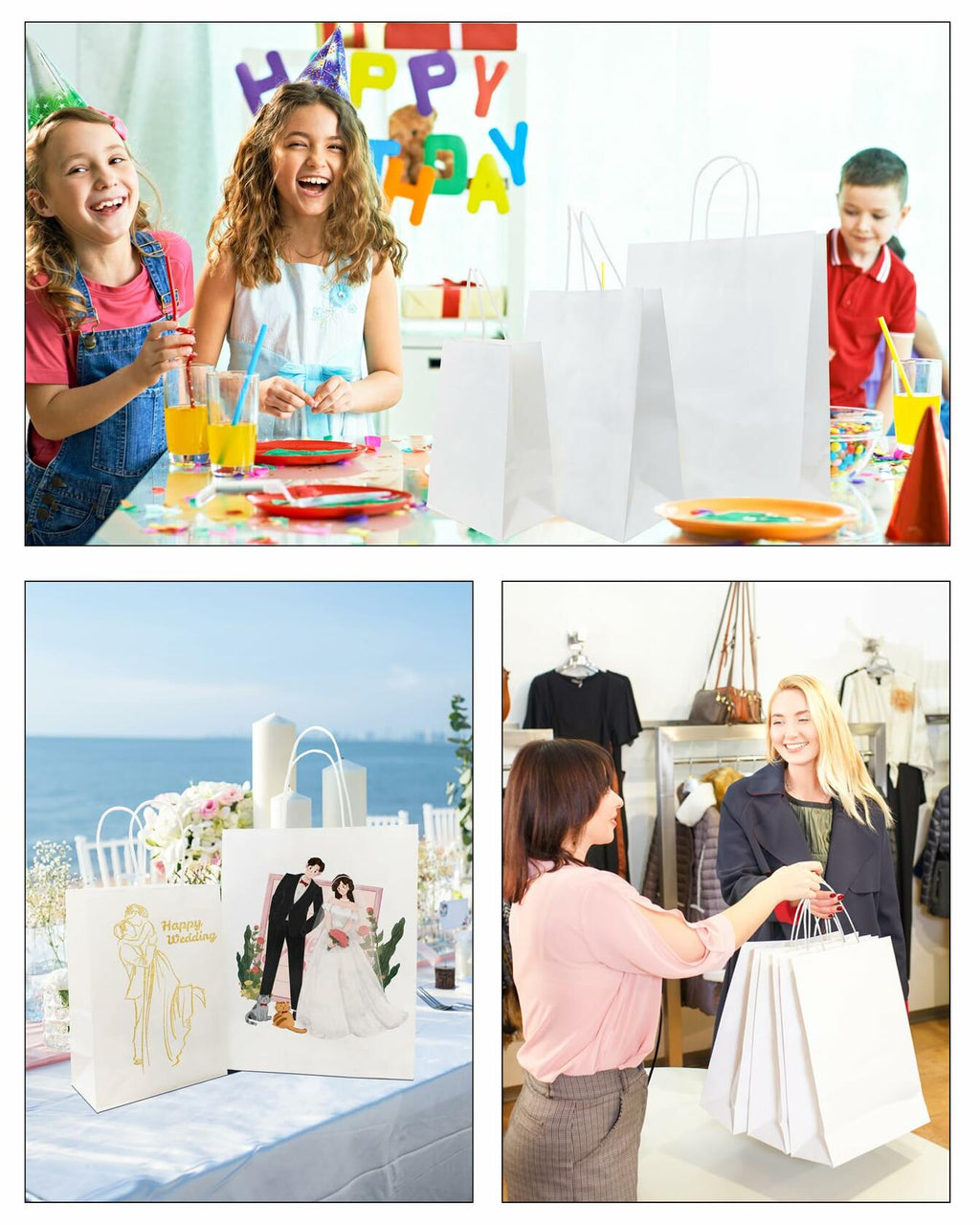 BAG BOX 50 Pack Kraft Paper Gift Bags with Handles 8.25x4.3x10.6 Inch White