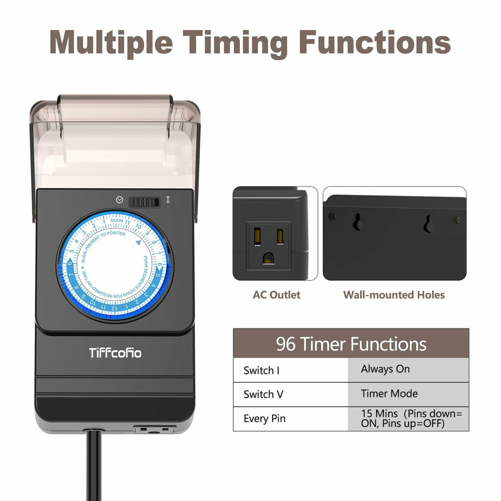 TiFFCOFiO Outdoor Waterproof Timer 24H Mechanical 2 Outlets 15A Heavy Duty