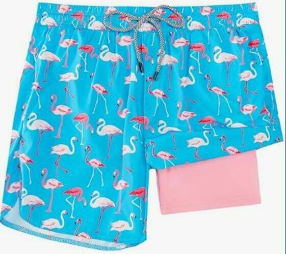 Mens Flamingo Swim Trunks 5.5 Inseam Quick Dry Board Shorts w Liner Blue Pink