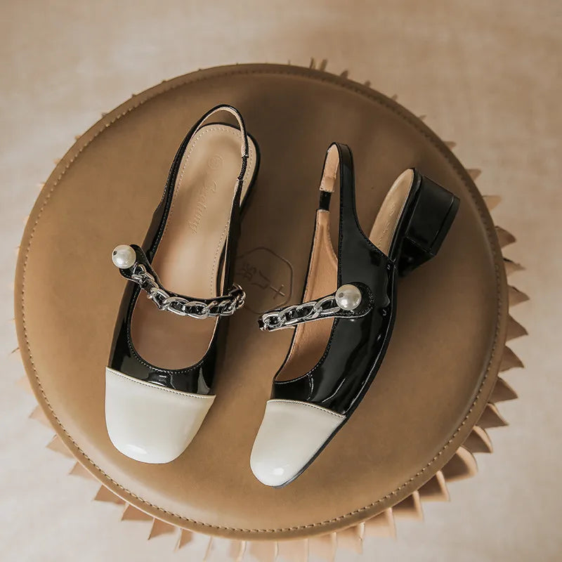 Pearl chain shallow mouth back hollow thick heel color blocked Mary Jane sandals for women