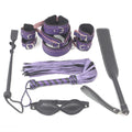 Purple Bondage Set Cowhide Leather Restraint BDSM Set Wrist Ankle thigh Cuffs Collar Set, Paddle, Flogger, Blind Fold & Crop Role Play Set