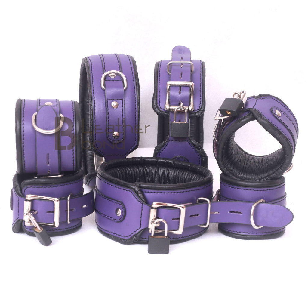 Purple Bondage Set Cowhide Leather Restraint BDSM Set Wrist Ankle thigh Cuffs Collar Set, Paddle, Flogger, Blind Fold & Crop Role Play Set