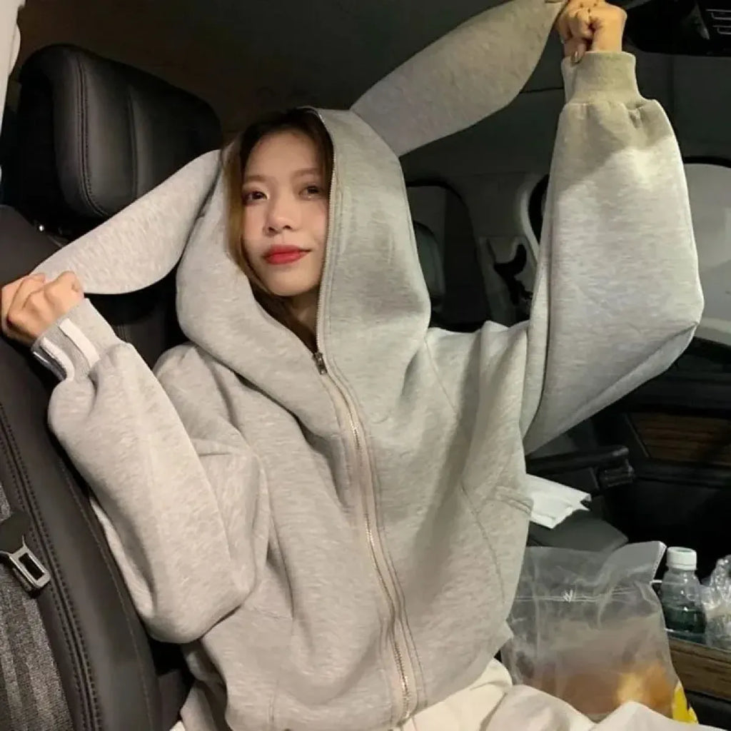 Rabbit Ear Zippered Hoodie - Women's Cute Short Top in Gray, Korean Preppy Style