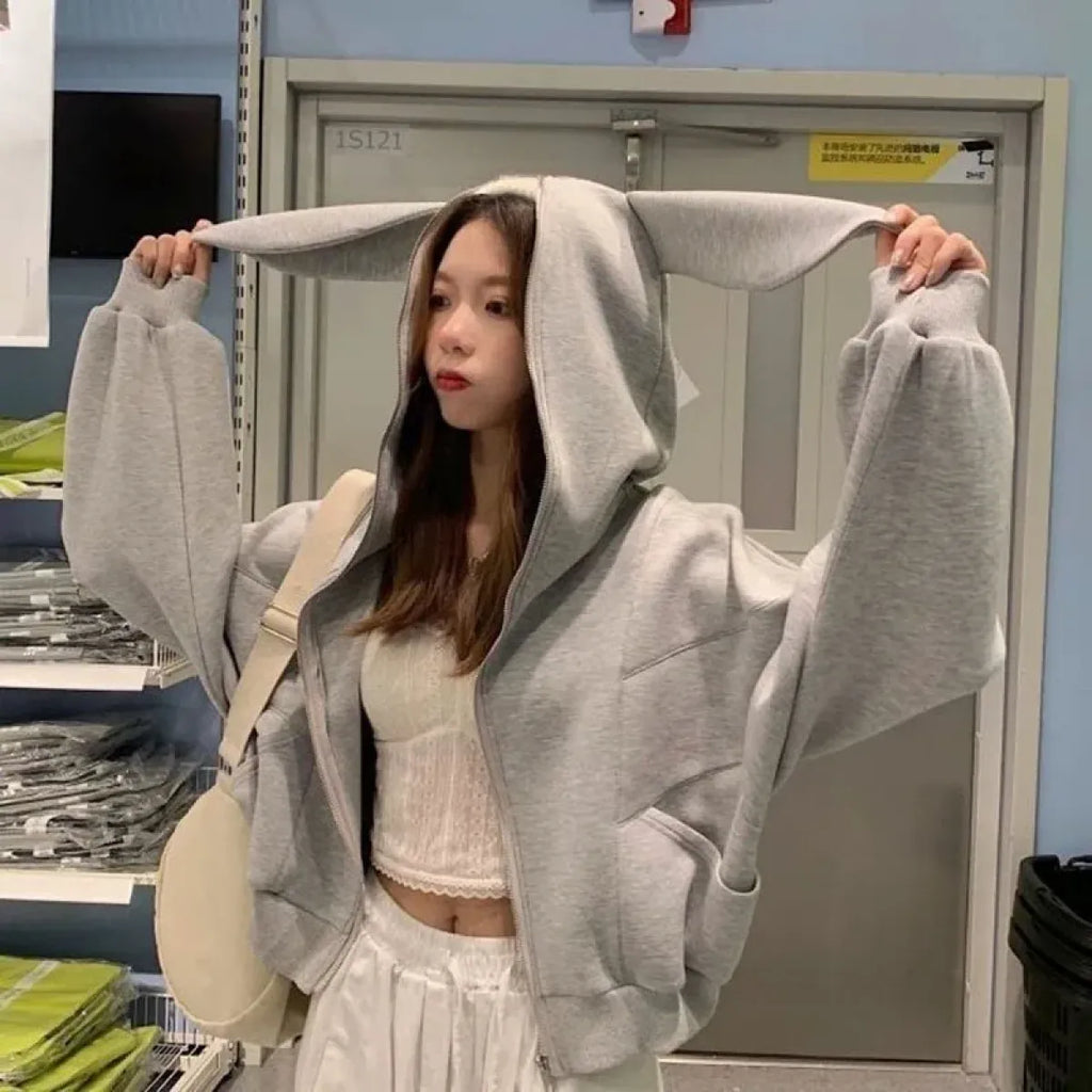 Rabbit Ear Zippered Hoodie - Women's Cute Short Top in Gray, Korean Preppy Style