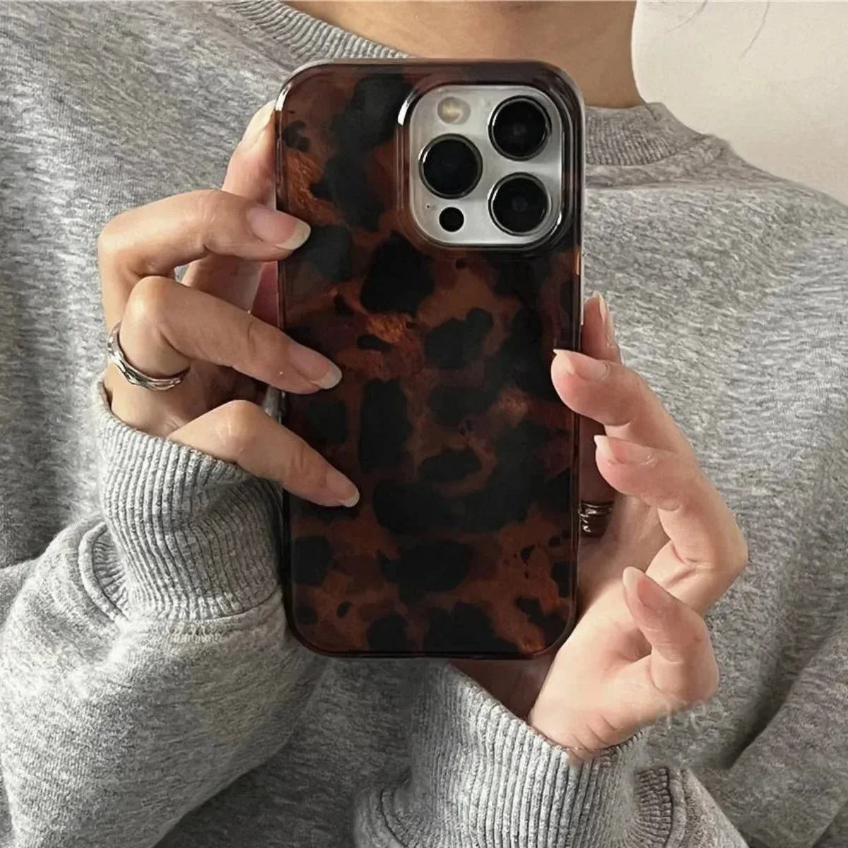 Retro Amber Laser Texture Phone Case – Leopard Print Shockproof Soft Back Cover