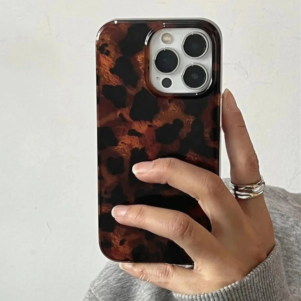 Retro Amber Laser Texture Phone Case – Leopard Print Shockproof Soft Back Cover