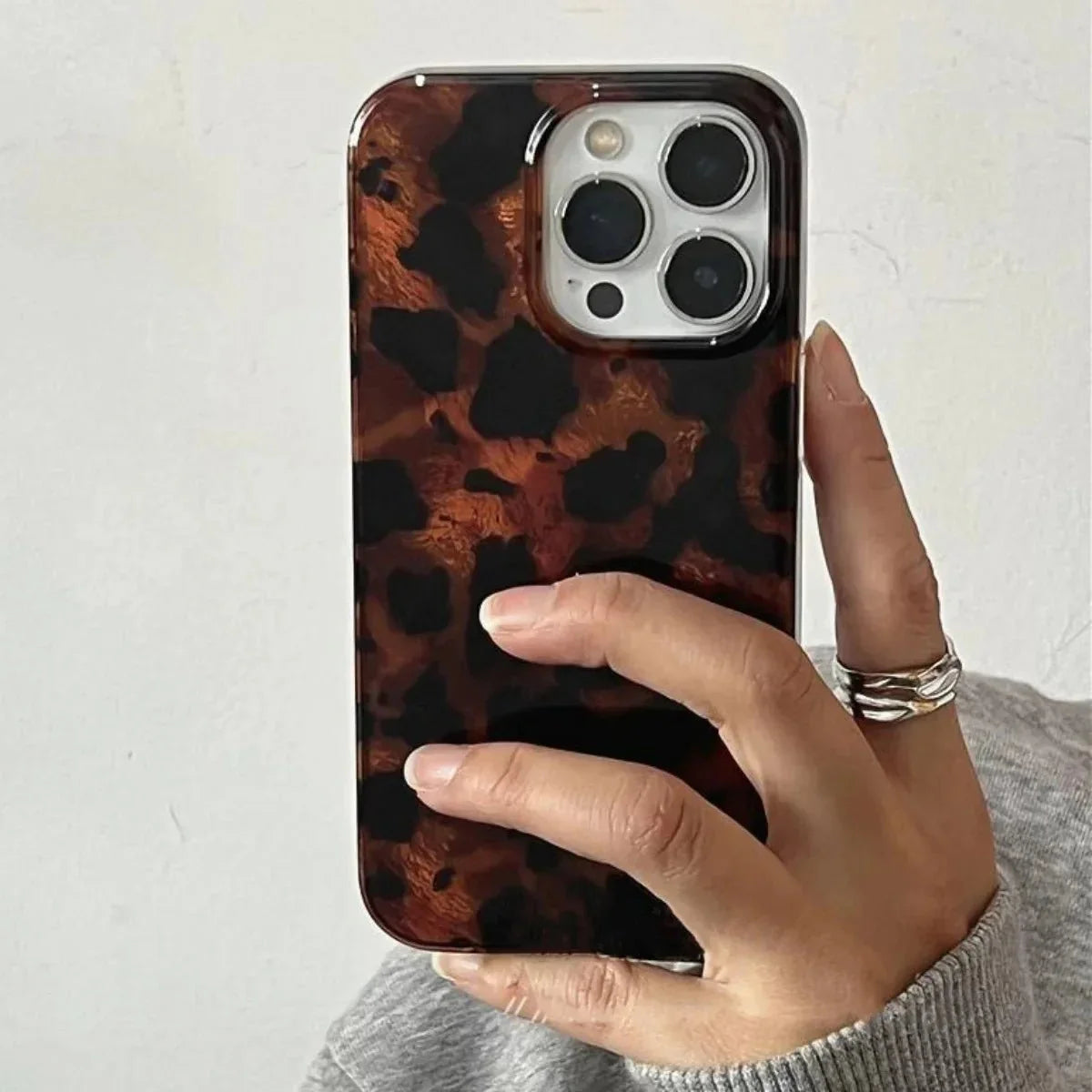 Retro Amber Laser Texture Phone Case – Leopard Print Shockproof Soft Back Cover