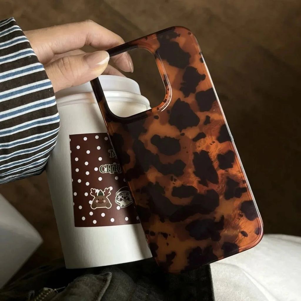 Retro Amber Laser Texture Phone Case – Leopard Print Shockproof Soft Back Cover