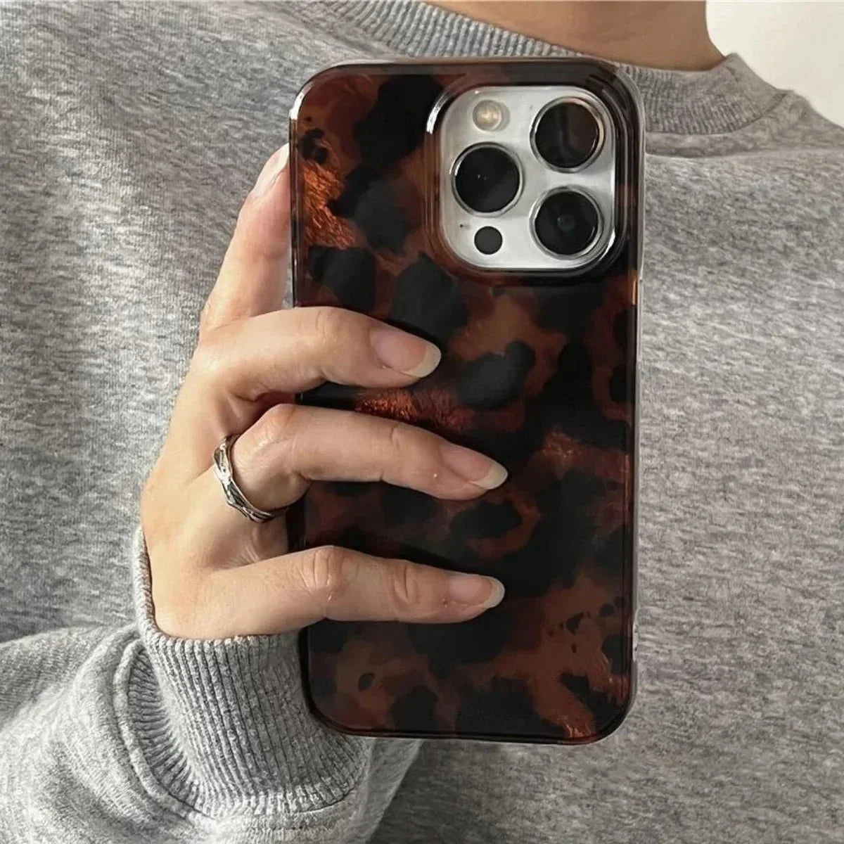 Retro Amber Laser Texture Phone Case – Leopard Print Shockproof Soft Back Cover