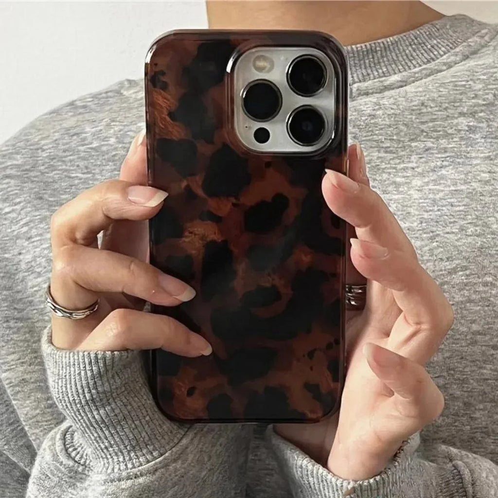 Retro Amber Laser Texture Phone Case – Leopard Print Shockproof Soft Back Cover