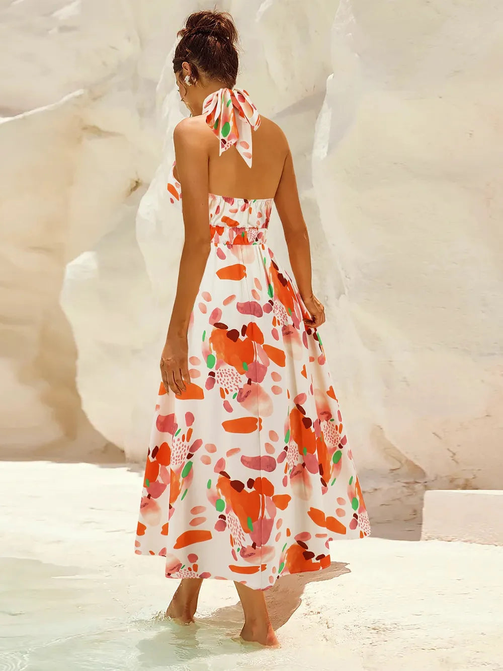 Ruched Printed Halter Neck Dress