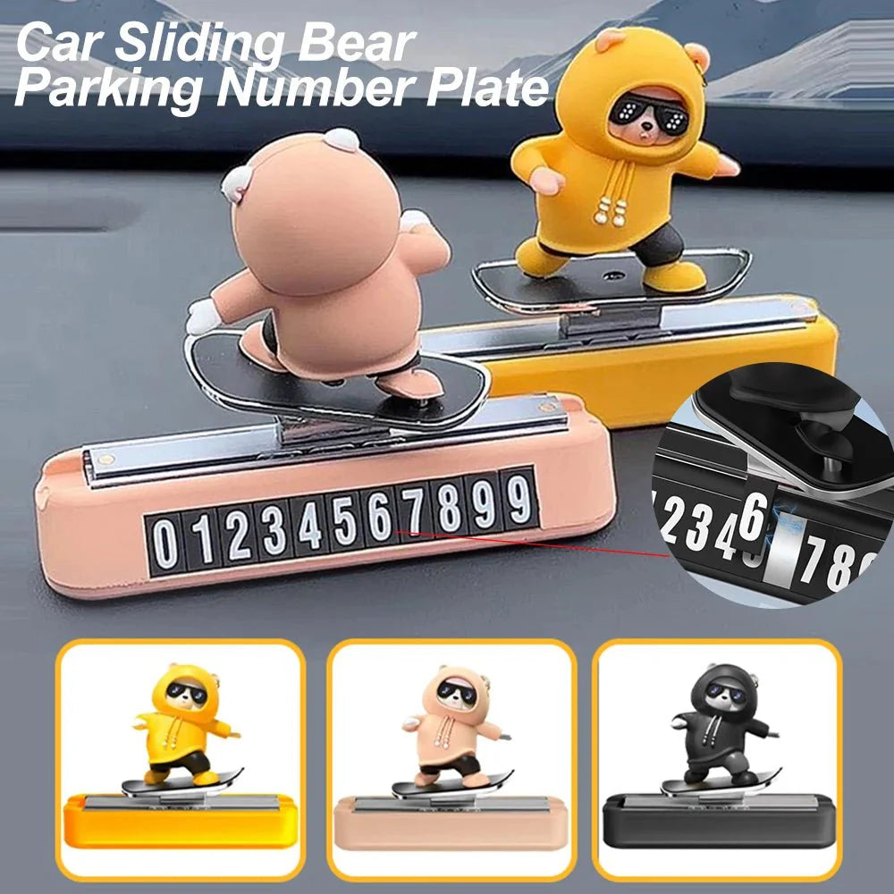 Skateboard Bear Dashboard Car Ornament | Magnetic Parking Number Plate & Cartoon Car Decoration
