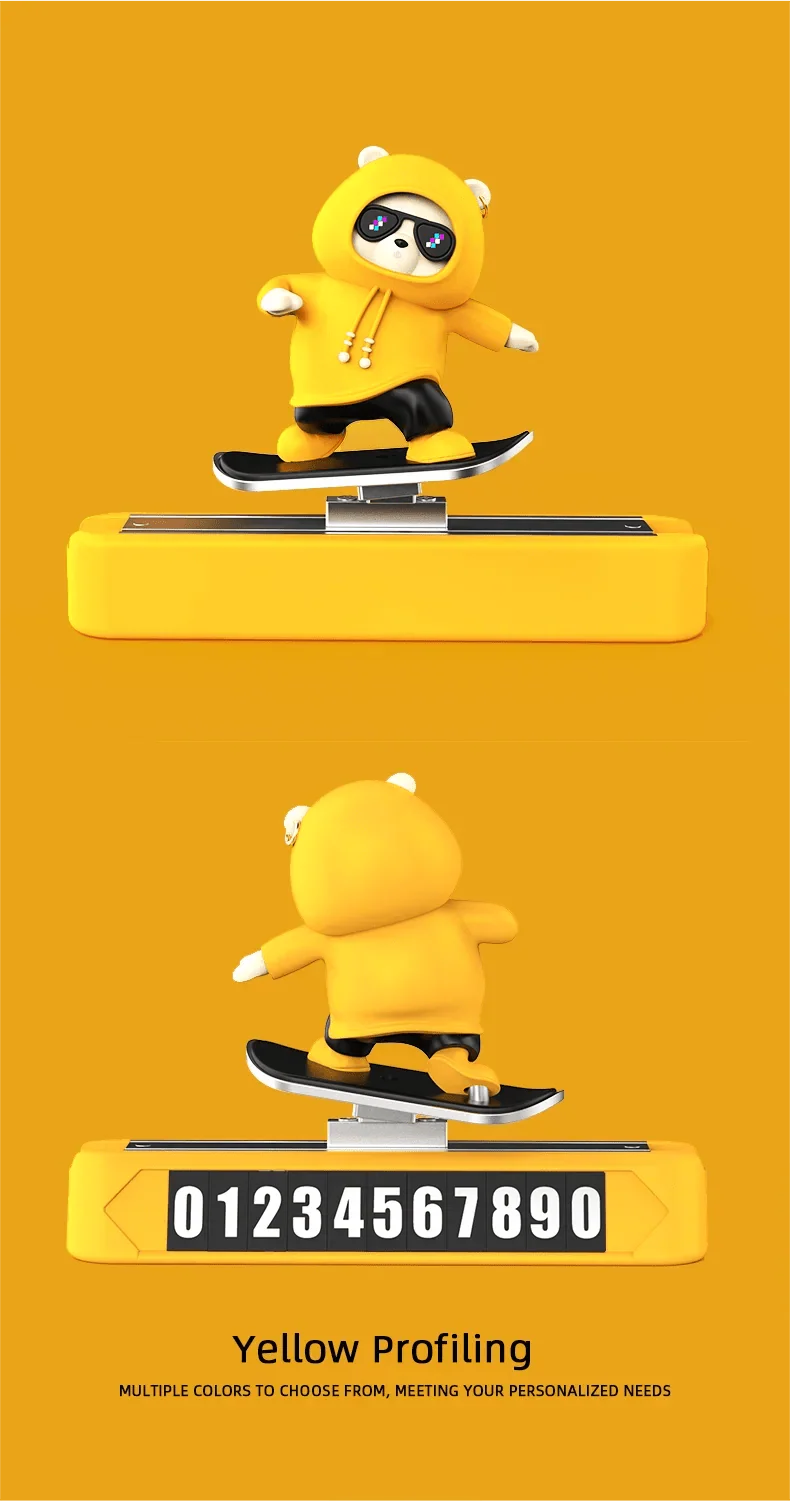 Skateboard Bear Dashboard Car Ornament | Magnetic Parking Number Plate & Cartoon Car Decoration