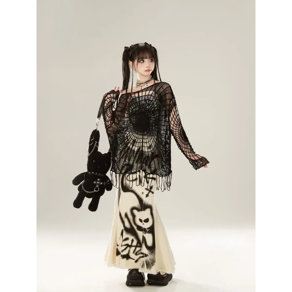 Spider Web Knit Sweater – Y2K Off Shoulder Grunge Pullover