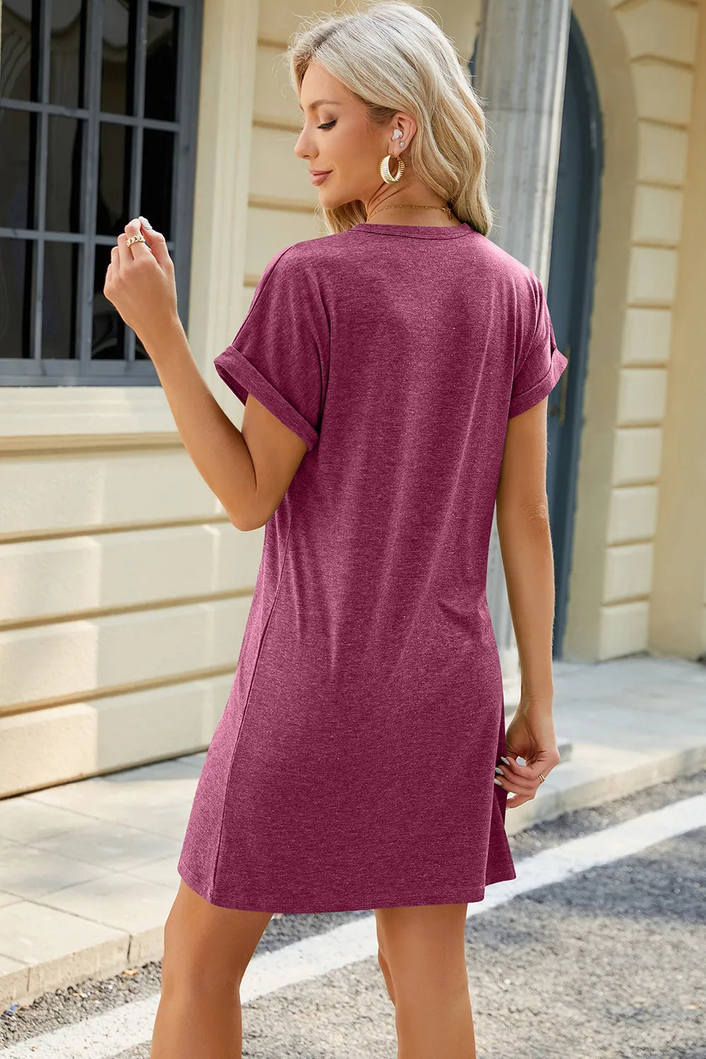 Spring and summer new round neck solid color short sleeved loose dress for women