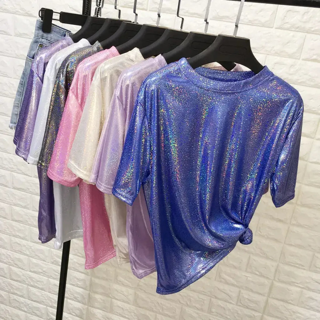 Summer Retro Bright Silk Loose Short Sleeve Top