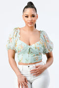 FLORAL CHIFFON SMOCKED SWEETHEART TOP