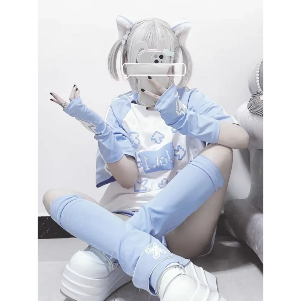 Blue & White Kawaii Harajuku Tops – Y2K Anime Print Top