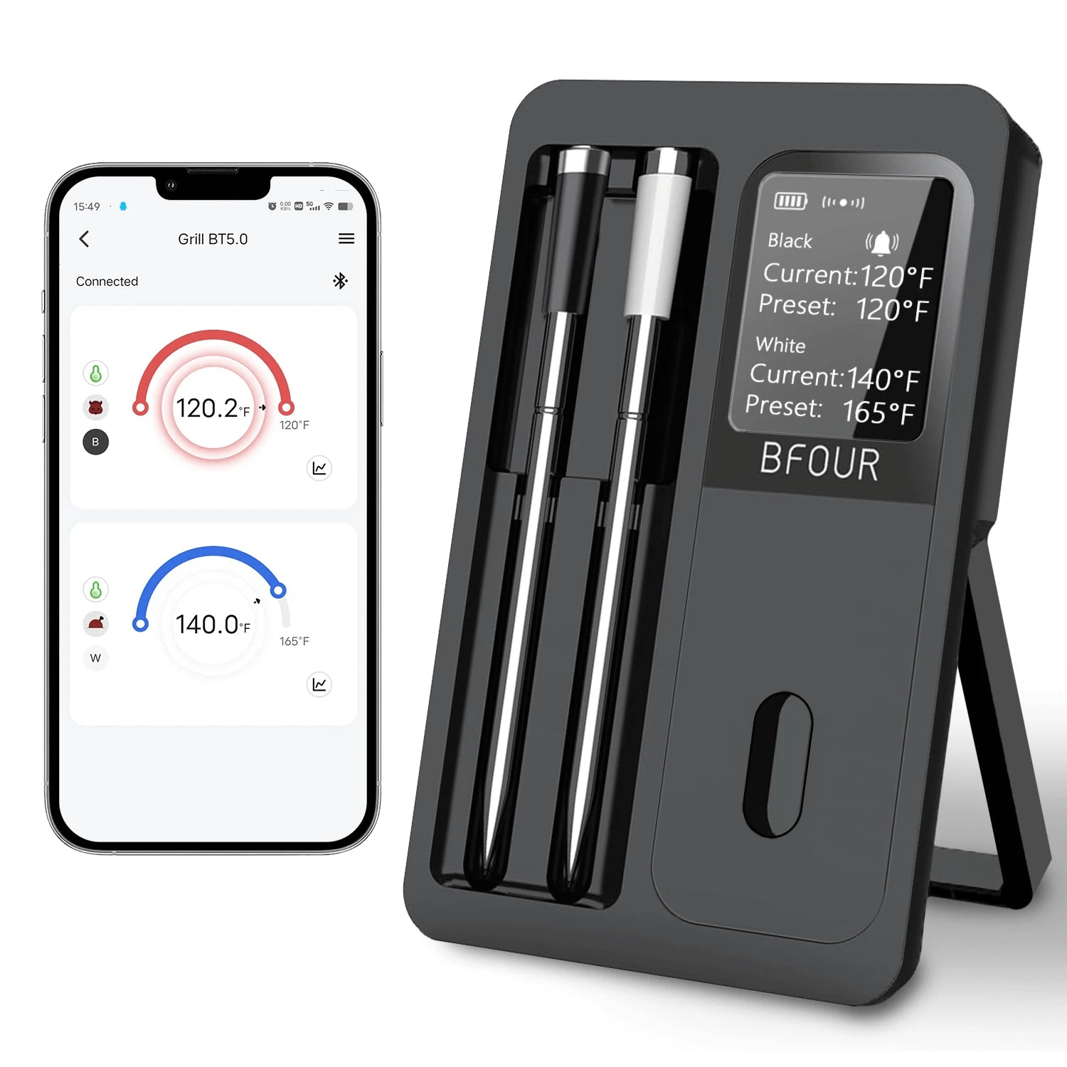 Wireless Bluetooth Meat Thermometer – IP67 Waterproof Probes with LCD Screen & Rechargeable Booster