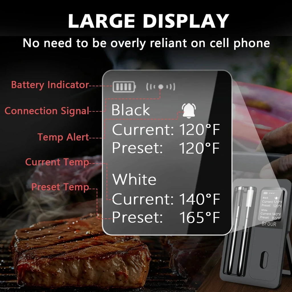 Wireless Bluetooth Meat Thermometer – IP67 Waterproof Probes with LCD Screen & Rechargeable Booster