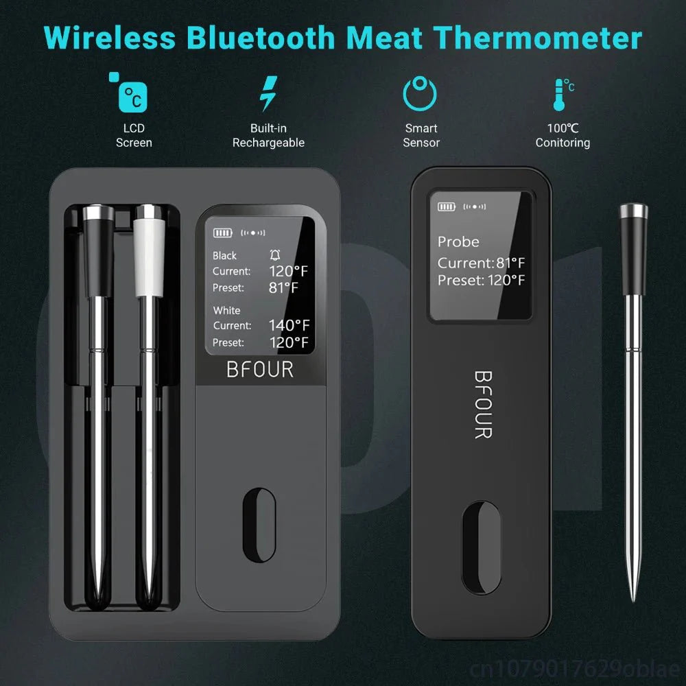 Wireless Bluetooth Meat Thermometer – IP67 Waterproof Probes with LCD Screen & Rechargeable Booster