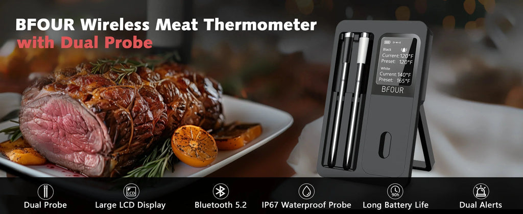 Wireless Bluetooth Meat Thermometer – IP67 Waterproof Probes with LCD Screen & Rechargeable Booster