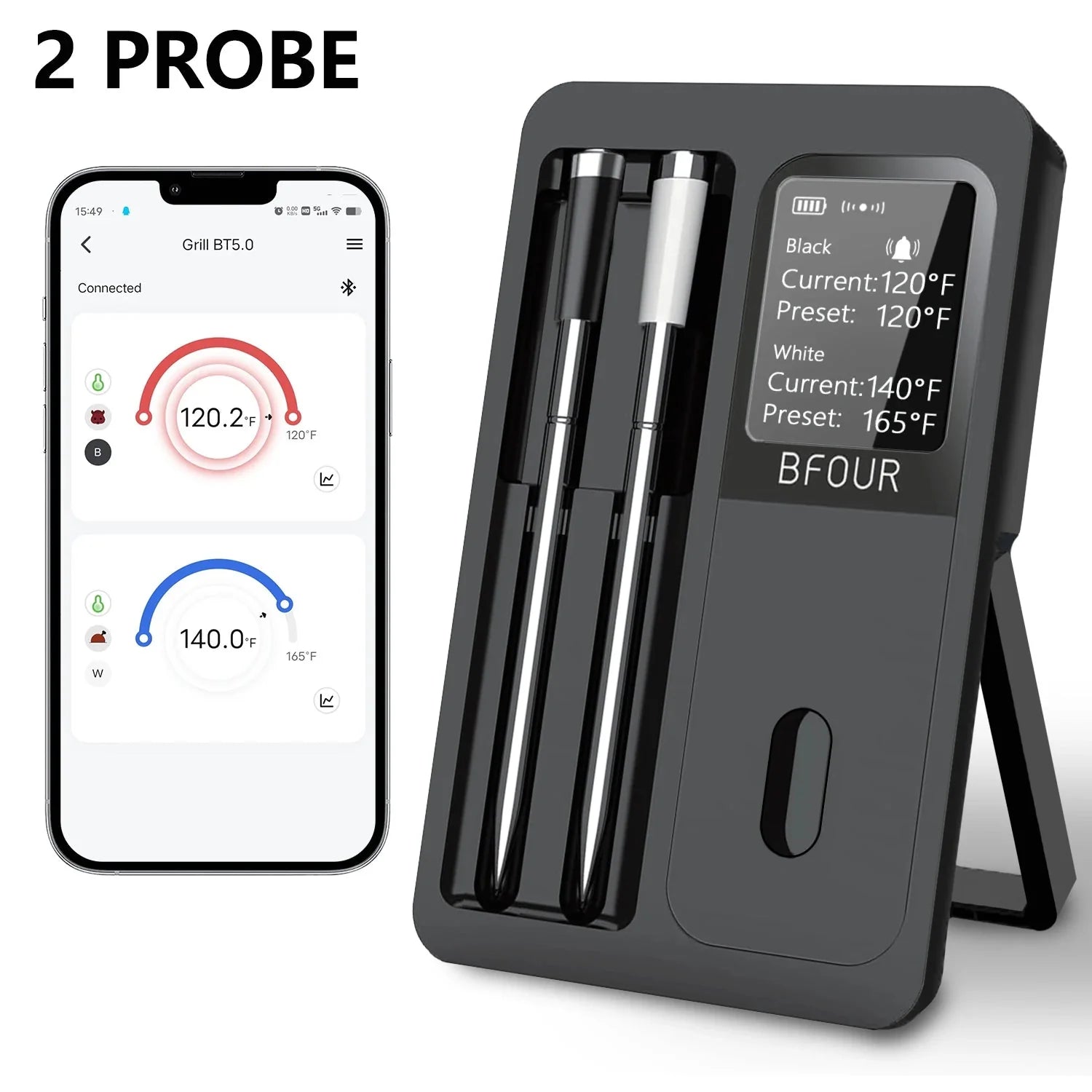 Wireless Bluetooth Meat Thermometer – IP67 Waterproof Probes with LCD Screen & Rechargeable Booster
