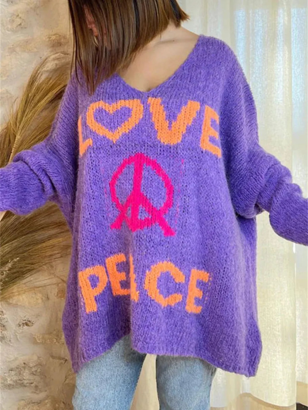 Women's V-neck letter loose and lazy knitted sweater