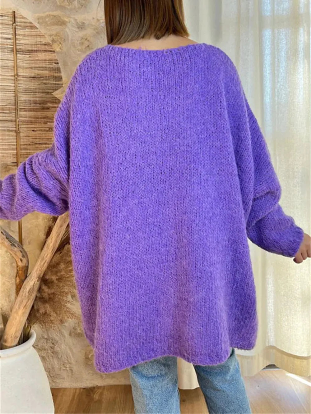 Women's V-neck letter loose and lazy knitted sweater