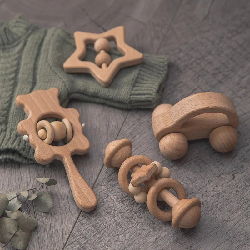 Wooden Baby Rattles Set – Beech Wood Teether Musical Montessori Toy