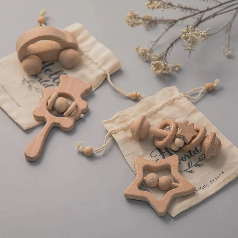 Wooden Baby Rattles Set – Beech Wood Teether Musical Montessori Toy