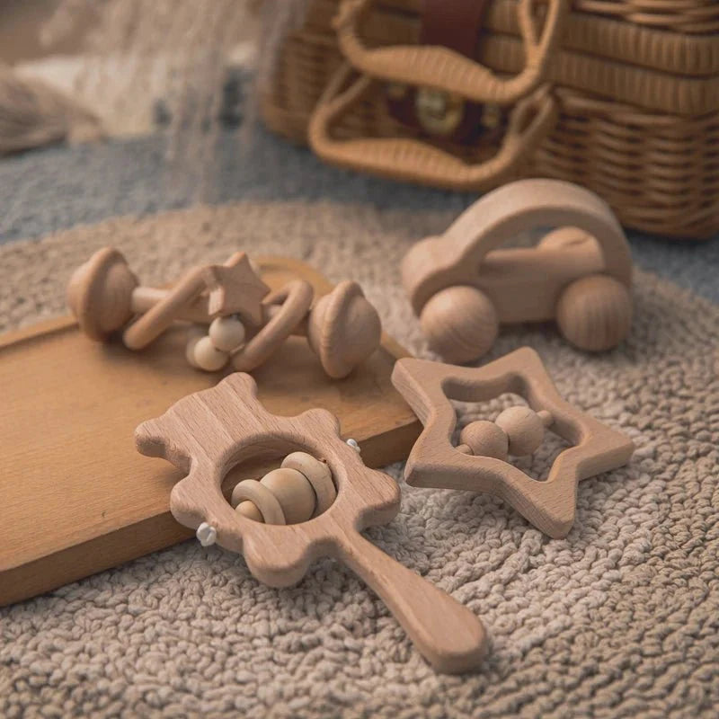 Wooden Baby Rattles Set – Beech Wood Teether Musical Montessori Toy