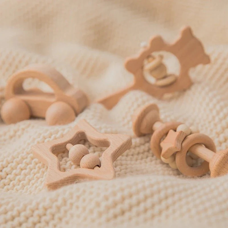 Wooden Baby Rattles Set – Beech Wood Teether Musical Montessori Toy