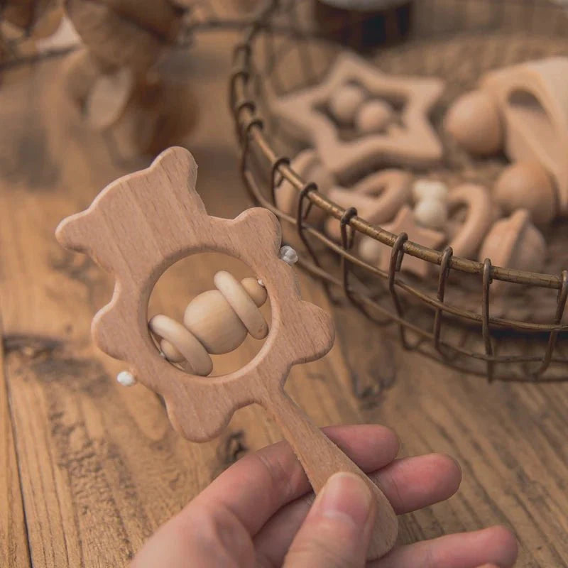 Wooden Baby Rattles Set – Beech Wood Teether Musical Montessori Toy