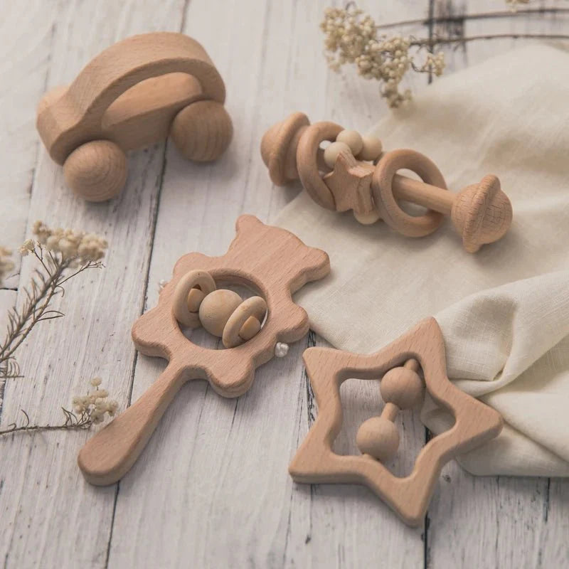 Wooden Baby Rattles Set – Beech Wood Teether Musical Montessori Toy