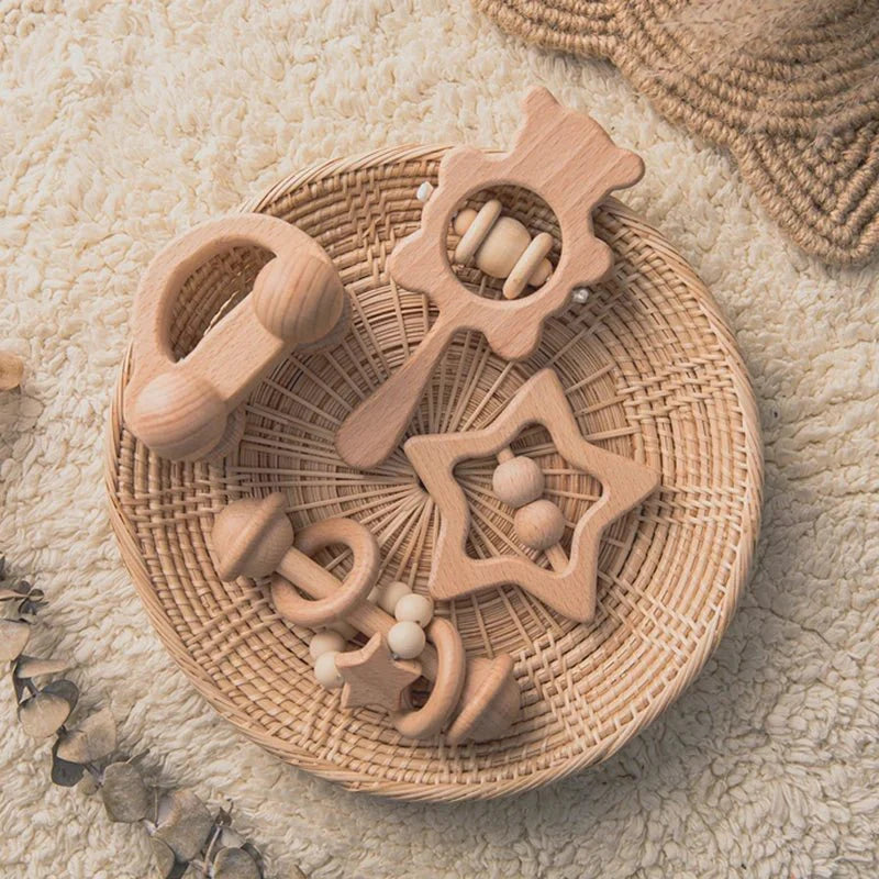 Wooden Baby Rattles Set – Beech Wood Teether Musical Montessori Toy