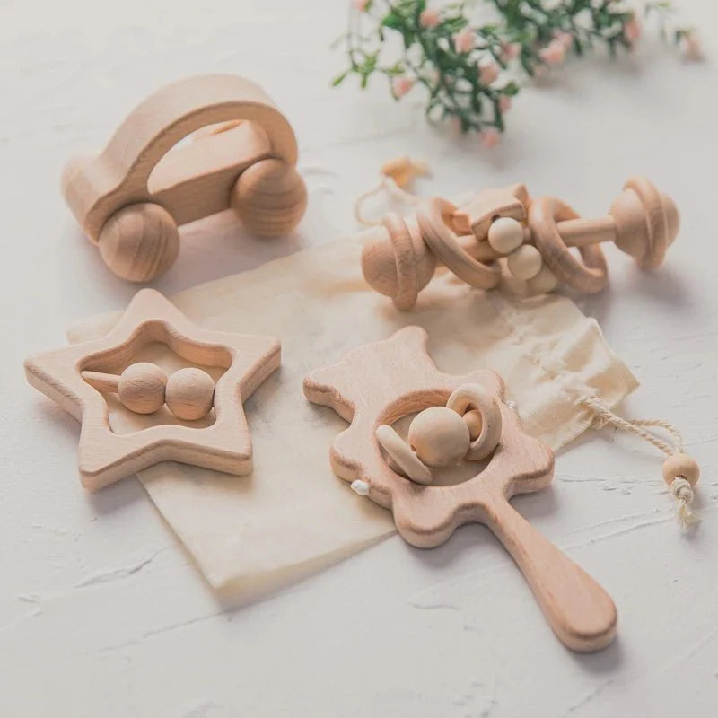 Wooden Baby Rattles Set – Beech Wood Teether Musical Montessori Toy