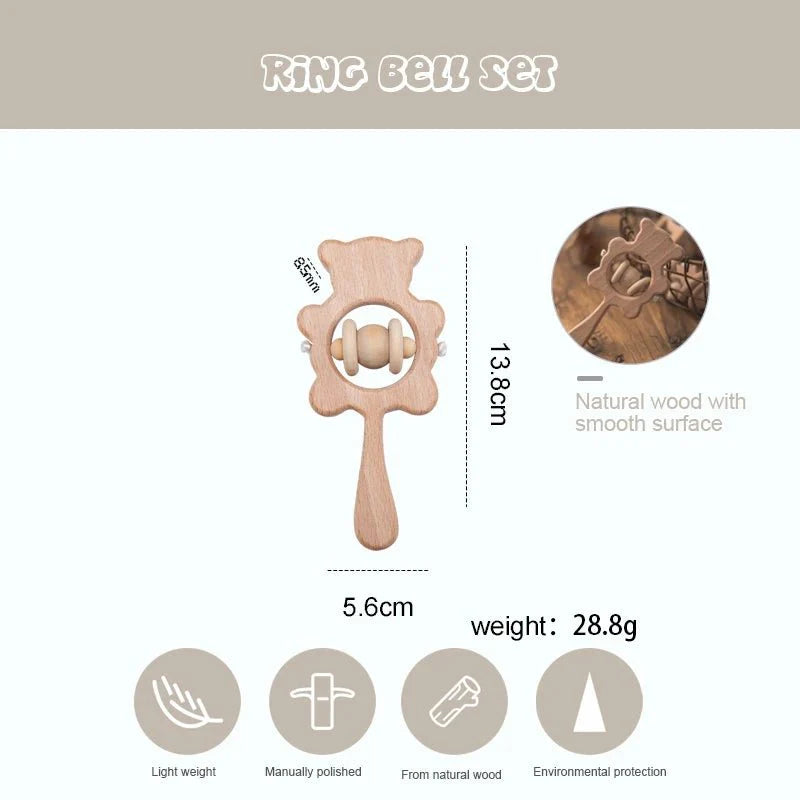 Wooden Baby Rattles Set – Beech Wood Teether Musical Montessori Toy