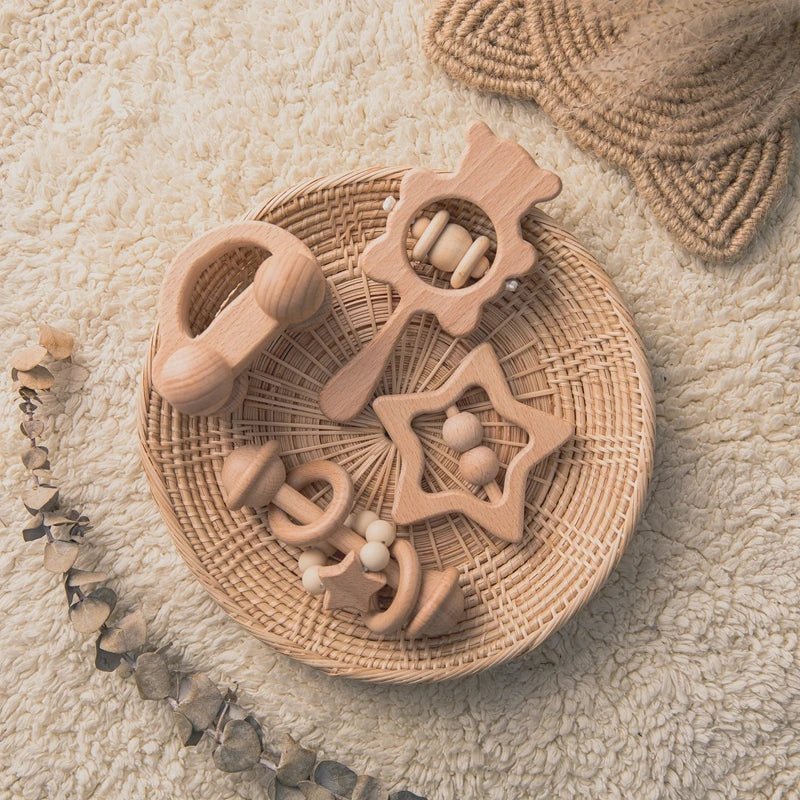 Wooden Baby Rattles Set – Beech Wood Teether Musical Montessori Toy