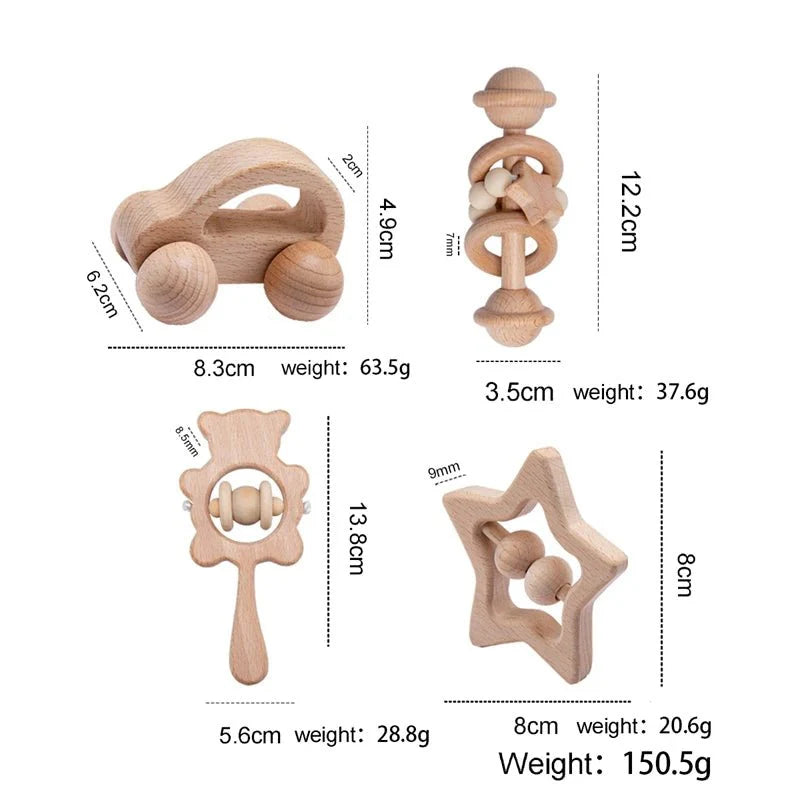 Wooden Baby Rattles Set – Beech Wood Teether Musical Montessori Toy