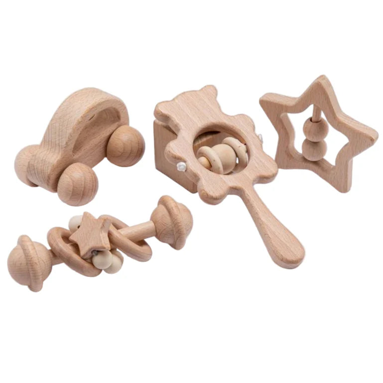 Wooden Baby Rattles Set – Beech Wood Teether Musical Montessori Toy