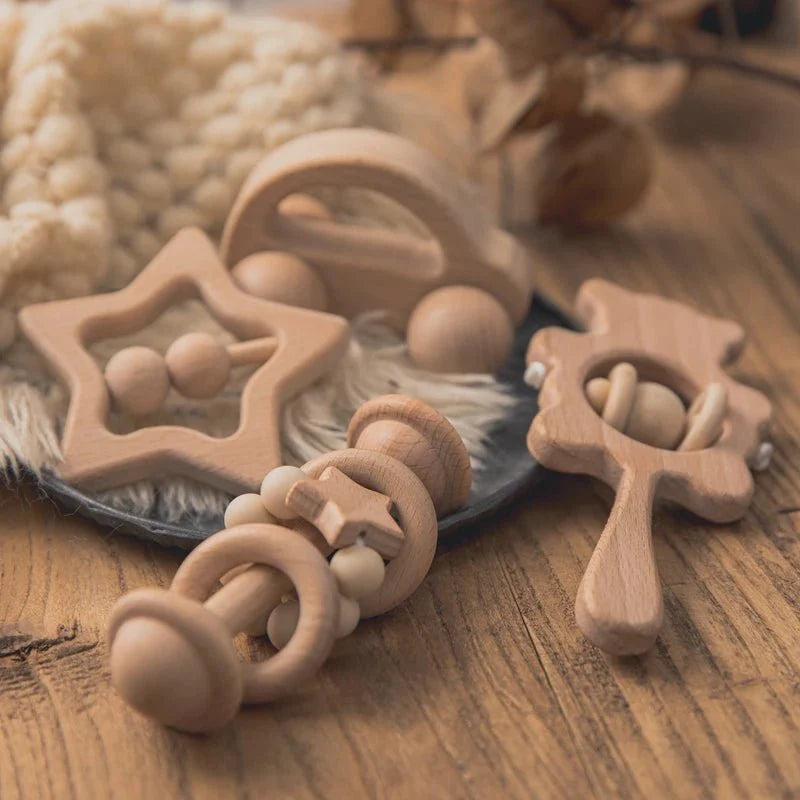 Wooden Baby Rattles Set – Beech Wood Teether Musical Montessori Toy