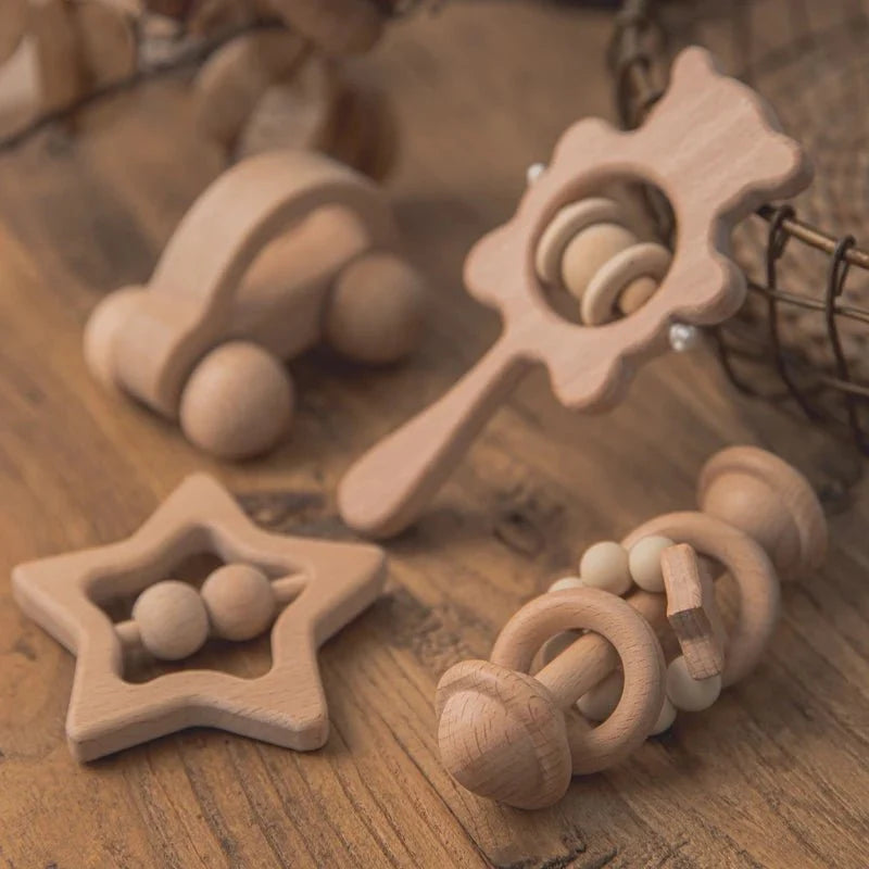Wooden Baby Rattles Set – Beech Wood Teether Musical Montessori Toy