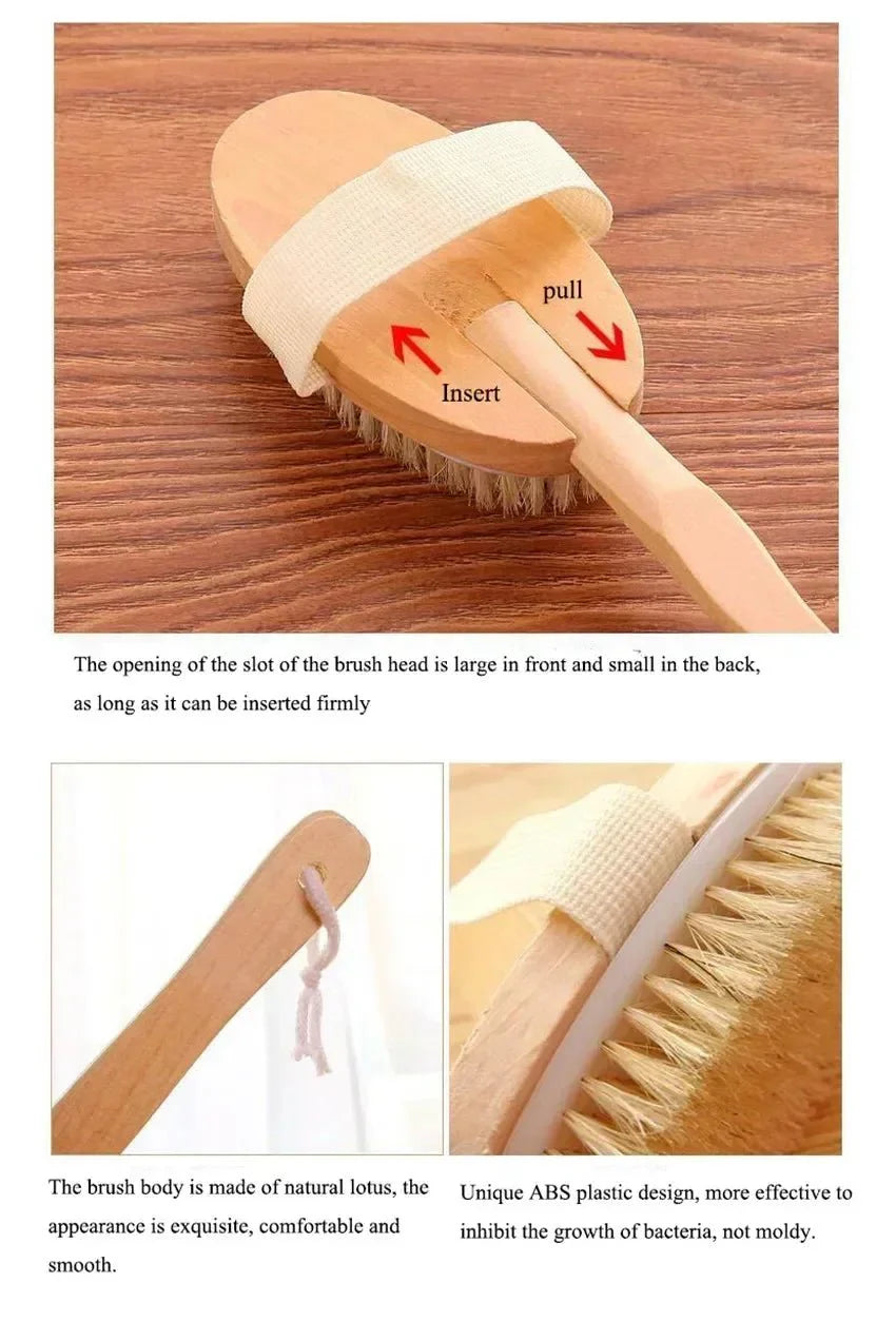 Wooden Long Handle Bath Brush, Soft Pig Bristle Body Cleaning and Massage Tool