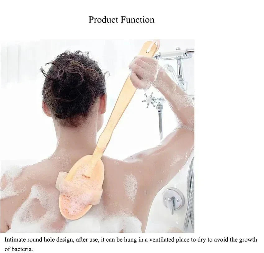 Wooden Long Handle Bath Brush, Soft Pig Bristle Body Cleaning and Massage Tool