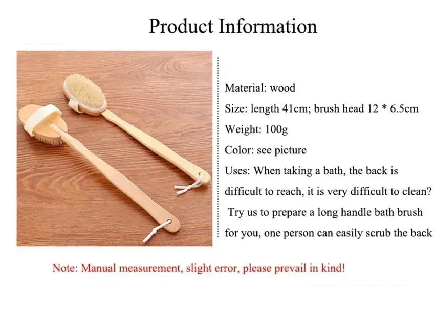 Wooden Long Handle Bath Brush, Soft Pig Bristle Body Cleaning and Massage Tool