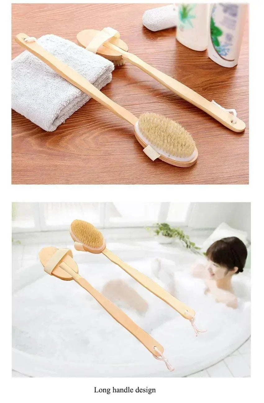 Wooden Long Handle Bath Brush, Soft Pig Bristle Body Cleaning and Massage Tool