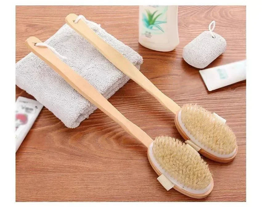 Wooden Long Handle Bath Brush, Soft Pig Bristle Body Cleaning and Massage Tool