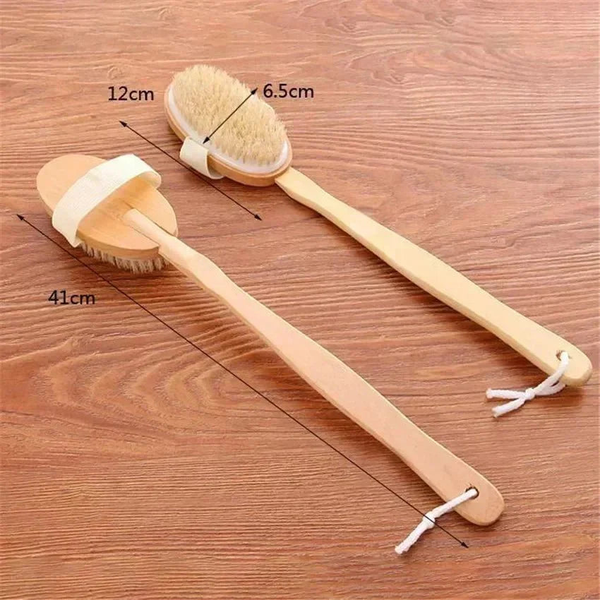 Wooden Long Handle Bath Brush, Soft Pig Bristle Body Cleaning and Massage Tool