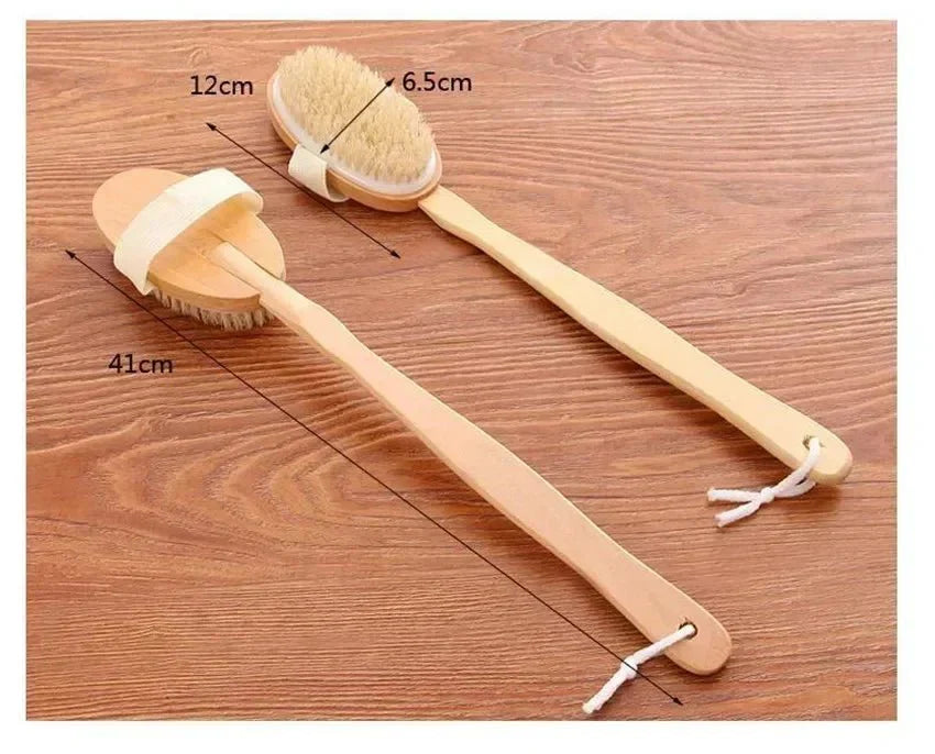 Wooden Long Handle Bath Brush, Soft Pig Bristle Body Cleaning and Massage Tool